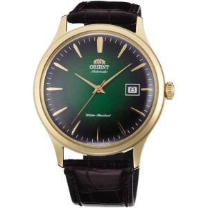 Ανδρικό ρολόι Orient FAC08002F Classic Automatic από ανοξείδωτο ατσάλι με μαύρο-πράσινο καντράν και μαύρο δερμάτινο λουράκι.