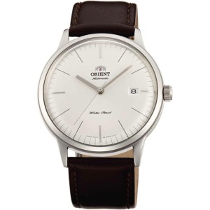 Ανδρικό ρολόι Orient TAC0000EW Classic Automatic από ανοξείδωτο ατσάλι με λευκό καντράν και καφέ δερμάτινο λουράκι.