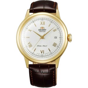 Ανδρικό ρολόι Orient TAC00007W Classic Automatic από ανοξείδωτο ατσάλι με λευκό καντράν και καφέ δερμάτινο λουράκι.