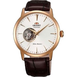 Ανδρικό ρολόι Orient TAG02002W Contemporary Automatic από ανοξείδωτο ατσάλι με λευκό καντράν και καφέ δερμάτινο λουράκι.