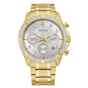 Γυναικείο ρολόι BULOVA 98Ε113 Diamonds από ανοξείδωτο ατσάλι με λευκό καντράν και χρυσό μπρασελέ.