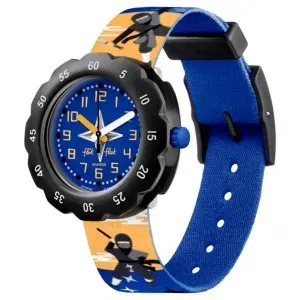 Ρολόι Flik Flak ZFPSP062 Ninjamazing με μπλε καντράν και πολύχρωμο λουράκι.