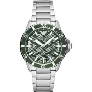 Αυτόματο ρολόι EMPORIO ARMANI AR60061 Diver από ανοξείδωτο ατσάλι με πράσινο καντράν και ασημί μπρασελέ.