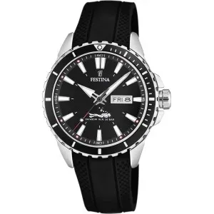 Ρολόι FESTINA F20378/1 Diver από ανοξείδωτο ατσάλι με μαύρο καντράν και μαύρο καουτσούκ λουράκι.