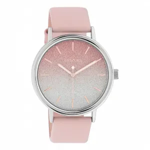 Ρολόι OOZOO C10936 Timepieces με ασημί-ροζ glitter καντράν και ροζ δερμάτινο λουράκι.