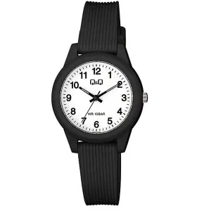 Γυναικείο-Παιδικό ρολόι Q&Q VS13J001Y με λευκό καντράν και μαύρο καουτσούκ λουράκι.