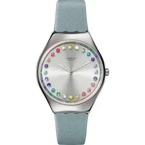 Ρολόι SWATCH SYXS144 Holiday collection Gleam Team Crystals με ασημί καντράν και γαλάζιο λουράκι.