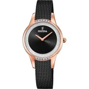 Γυναικείο ρολόι FESTINA F20496/2 Mademoiselle με μαύρο καντράν, πέτρες ζιργκόν και μαύρο μπρασελέ.
