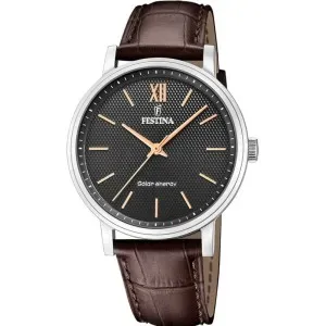 Ανδρικό ρολόι FESTINA F20660/6 από ανοξείδωτο ατσάλι με μαύρο καντράν και καφέ δερμάτινο λουράκι.