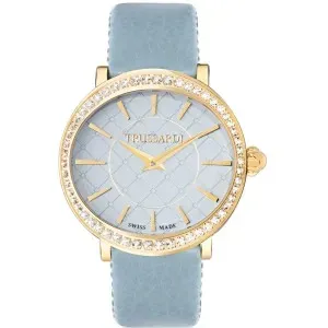 Γυναικείο ρολόι Trussardi R2451106501 από ανοξείδωτο ατσάλι με γαλάζιο καντράν και γαλάζιο δερμάτινο λουράκι.