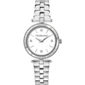 Γυναικείο ρολόι Trussardi R2453145515 T-Shiny από ανοξείδωτο ατσάλι με λευκό καντράν και ασημί μπρασελέ.