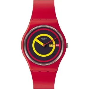 Ρολόι SWATCH SO28R702 Concentric με πολύχρωμο καντράν και κόκκινο καουτσούκ λουράκι.