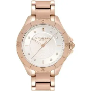 Γυναικείο ρολόι Olivia Burton 24000041 Sports Luxe Guilloché από ανοξείδωτο ατσάλι με λευκό καντράν και ροζ χρυσό μπρασελέ.