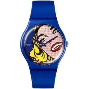 Γυναικείο ρολόι SWATCH SUOZ352 Girl By Roy Lichtenstein με πολύχρωμο καντράν και μπλε καουτσούκ λουράκι.