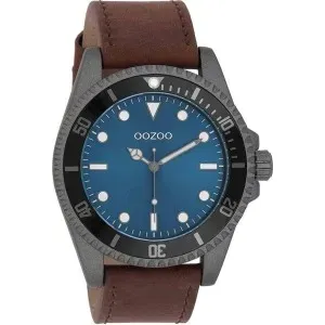Ανδρικό ρολόι OOZOO C11116 Timepieces με μεταλλικό πλαίσιο, μπλε καντράν και καφέ δερμάτινο λουράκι.
