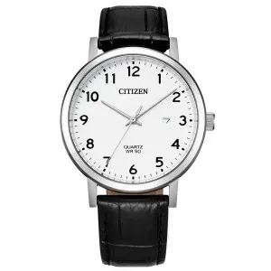 Pολόι CITIZEN BI5070-06A από ανοξείδωτο ατσάλι με λευκό καντράν και μαύρο δερμάτινο λουράκι.