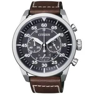 Ανδρικό ρολόι CITIZEN CA4210-16E Eco Drive από ανοξείδωτο ατσάλι με μαύρο καντράν και καφέ δερμάτινο λουράκι.