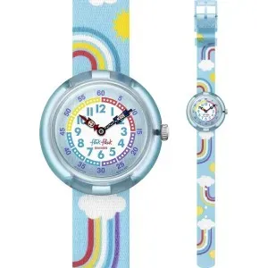 Παιδικό ρολόι FLIK FLAK ZFBNP194 Rainbow Dreams με λευκό γαλάζιο καντράν και πολύχρωμο πλαστικό λουράκι.