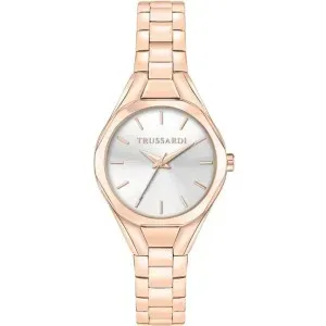 Γυναικείο ρολόι TRUSSARDI R2453157508 Metropolitan από ανοξείδωτο ατσάλι με ασημί καντράν και ροζ χρυσό μπρασελέ.