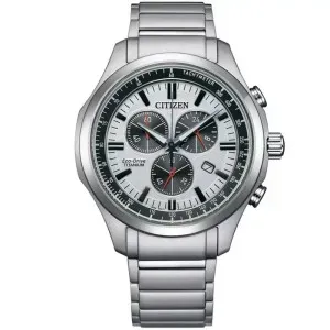 Ανδρικό ρολόι CITIZEN AT2530-85A Eco Drive Titanium με λευκό καντράν και ασημί μπρασελέ.