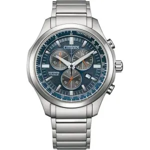 Ανδρικό ρολόι CITIZEN AT2530-85L Eco Drive Titanium με μπλε καντράν και ασημί μπρασελέ.