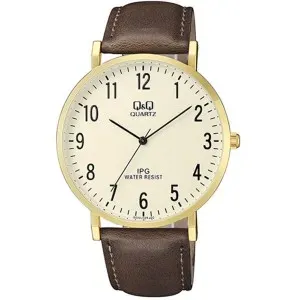 Ανδρικό ρολόι Q&Q QZ02J103Y με χρυσό καντράν και καφέ δερμάτινο λουράκι.