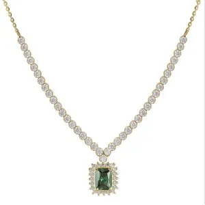 Χρυσό κολιέ ροζέτα Ριβιέρα με πράσινη ορθογώνια πέτρα FL28157G