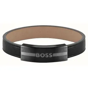 Ανδρικό βραχιόλι HUGO BOSS 1580490 από ανοξείδωτο ατσάλι και μαύρο δέρμα.