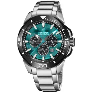 Ανδρικό ρολόι FESTINA F20641/3 Chrono Bike από ανοξείδωτο ατσάλι με τυρκουάζ καντράν και ασημί μπρασελέ.