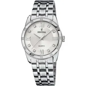Γυναικείο ρολόι FESTINA F16940/A από ανοξείδωτο ατσάλι με ασημί καντράν, πέτρες ζιργκόν και ασημί μπρασελέ.