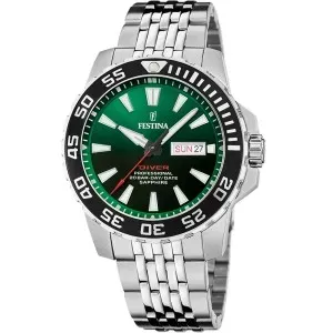 Ανδρικό ρολόι Festina F20661/2 Diver από ανοξείδωτο ατσάλι με πράσινο καντράν και ασημί μπρασελέ.