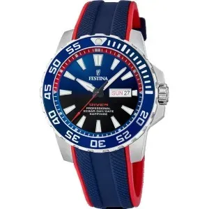 Ανδρικό ρολόι Festina F20662/1 Diver από ανοξείδωτο ατσάλι με μπλε καντράν και μπλε-κόκκινο καουτσούκ λουράκι.