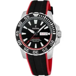 Ανδρικό ρολόι Festina F20662/3 Diver από ανοξείδωτο ατσάλι με μαύρο καντράν και μαύρο-κόκκινο καουτσούκ λουράκι.