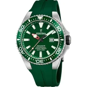 Ανδρικό ρολόι Festina F20664/2 Diver από ανοξείδωτο ατσάλι με πράσινο καντράν και πράσινο καουτσούκ λουράκι.