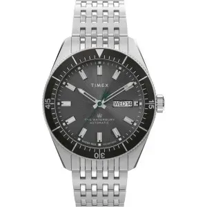 Ανδρικό ρολόι Timex TW2V24900 Waterbury Automatic από ανοξείδωτο ατσάλι με μαύρο καντράν και ασημί μπρασελέ.