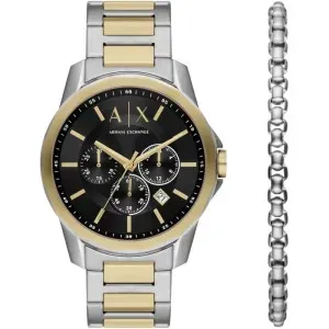 Ανδρικό ρολόι Armani Exchange AX7148SET Banks από ανοξείδωτο ατσάλι με μαύρο καντράν και ασημί-χρυσό μπρασελέ.