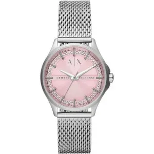 Γυναικείο ρολόι Armani Exchange AX5273 Lady Hampton από ανοξείδωτο ατσάλι με ροζ καντράν, πέτρες ζιργκόν και ασημί μπρασελέ.