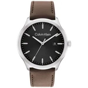 Ανδρικό ρολόι Calvin Klein 25200354 Define απο΄ ανοξείδωτο ατσάλι με μαύρο καντράν και καφέ δερμάτινο λουράκι.
