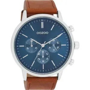 Ανδρικό ρολόι OOZOO C11200 Timepieces με μεταλλικό πλαίσιο, μπλε καντράν και καφέ δερμάτινο λουράκι.