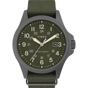 Ανδρικό ρολόι TIMEX TW2V03700 Expedition North Solar από ανοξείδωτο ατσάλι με χακί καντράν και χακί υφασμάτινο λουράκι.