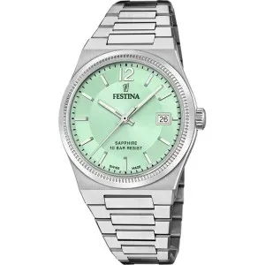 Γυναικείο ρολόι FESTINA F20035/3 SWISS MADE από ανοξείδωτο ατσάλι με ανοιχτό πράσινο καντράν και ασημί μπρασελέ.