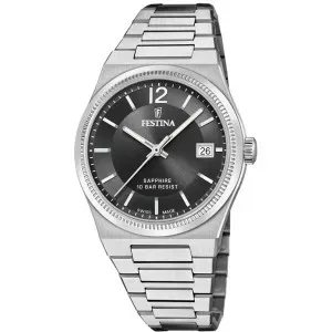 Γυναικείο ρολόι FESTINA F20035/6 SWISS MADE από ανοξείδωτο ατσάλι με μαύρο καντράν και ασημί μπρασελέ.