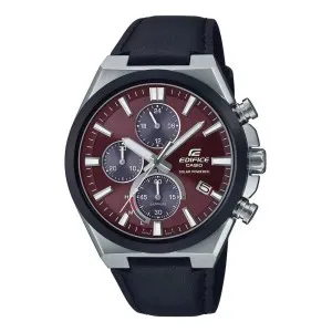 Ανδρικό ρολόι CASIO EFS-S630BL-5AVUEF Edifice Solar από ανοξείδωτο ατσάλι με κόκκινο καντράν και μαύρο δερμάτινο λουράκι.