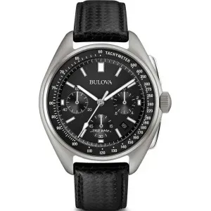 Ανδρικό ρολόι BULOVA 96B251 Lunar Pilot Special Edition Moon Chronograph με μαύρο καντράν και μαύρο δερμάτινο λουράκι.