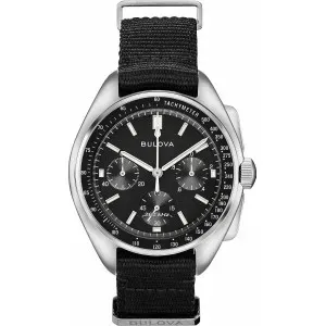 Ανδρικό ρολόι BULOVA 96A225 Lunar Pilot Chronograph με μαύρο καντράν και μαύρο υφασμάτινο λουράκι.