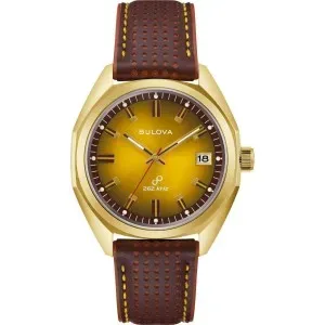 Ανδρικό ρολόι BULOVA 97B214 Jet Star Precisionist Limited Edition με κίτρινο καντράν και καφέ δερμάτινο λουράκι.