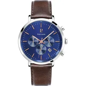 Ανδρικό ρολόι PIERRE LANNIER 221F164 Baron Chronograph από ανοξείδωτο ατσάλι με μπλε καντράν και καφέ δερμάτινο λουράκι.