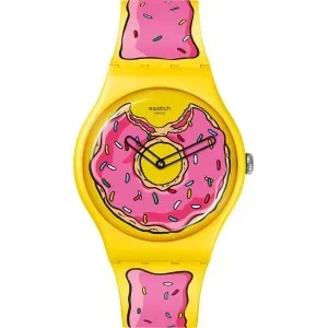 Γυναικείο ρολόι Ρολόι SO29Z134 SWATCH Simpsons Seconds Of Sweetness με ροζ-κίτρινο καντράν και λουράκι.