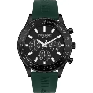 Ανδρικό ρολόι TRUSSARDI R2451148002 T-Logo από ανοξείδωτο ατσάλι με μαύρο καντράν και πράσινο καουτσούκ λουράκι.
