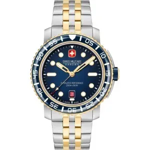 Ανδρικό ρολόι SWISS MILITARY HANOWA SMWGH0001760 Marlin από ανοξείδωτο ατσάλι με μπλε καντράν και ασημί-χρυσό μπρασελέ.